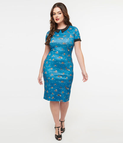 Dolly & Dotty 1950s Blue Otter Print Toni Wiggle Dress - Unique Vintage - Womens, DRESSES, WIGGLE