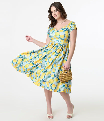 Dolly & Dotty 1950s Blue & Yellow Lemon Off The Shoulder Lily Swing Dress - Unique Vintage - Womens, DRESSES, SWING