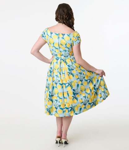 Dolly & Dotty 1950s Blue & Yellow Lemon Off The Shoulder Lily Swing Dress - Unique Vintage - Womens, DRESSES, SWING