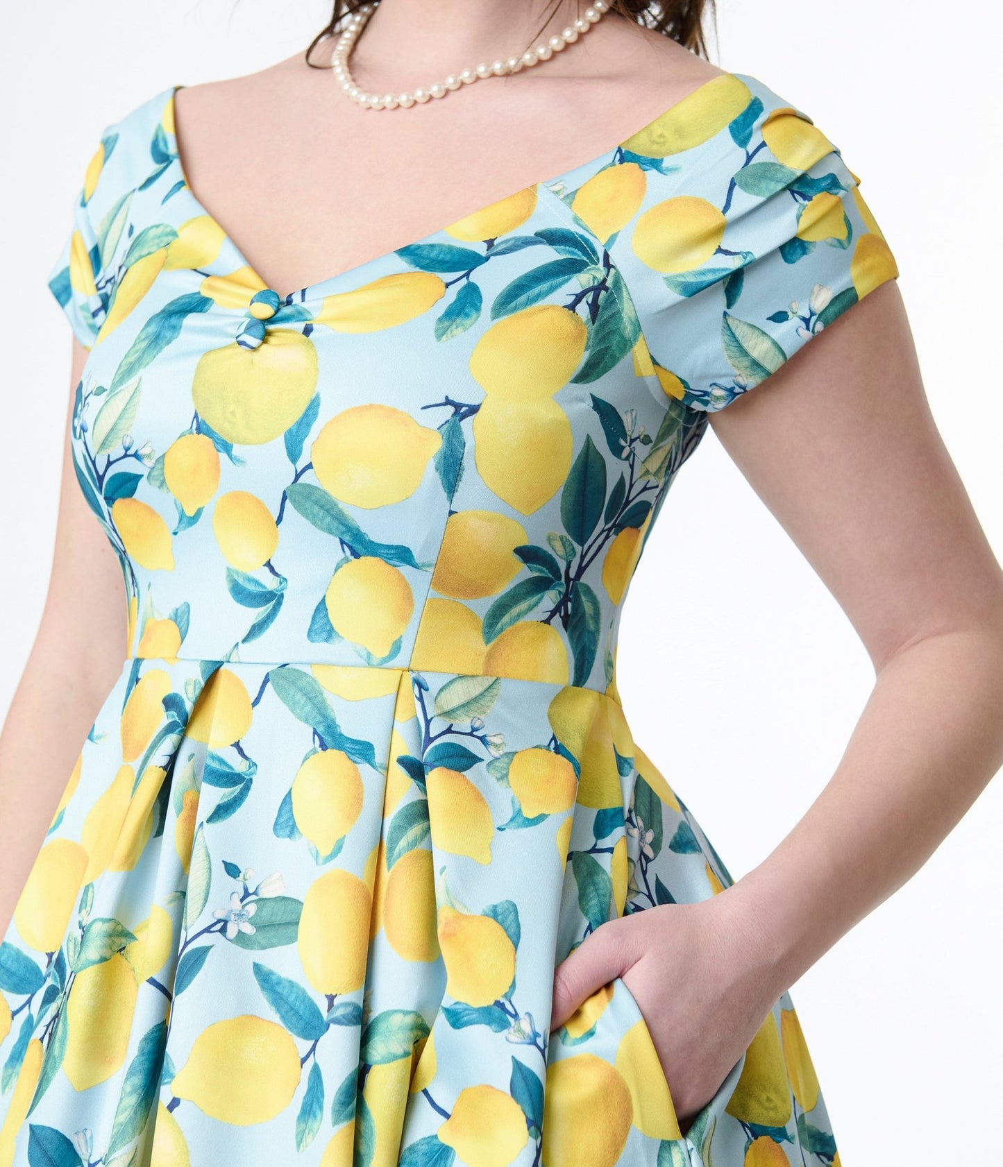 Dolly & Dotty 1950s Blue & Yellow Lemon Off The Shoulder Lily Swing Dress - Unique Vintage - Womens, DRESSES, SWING