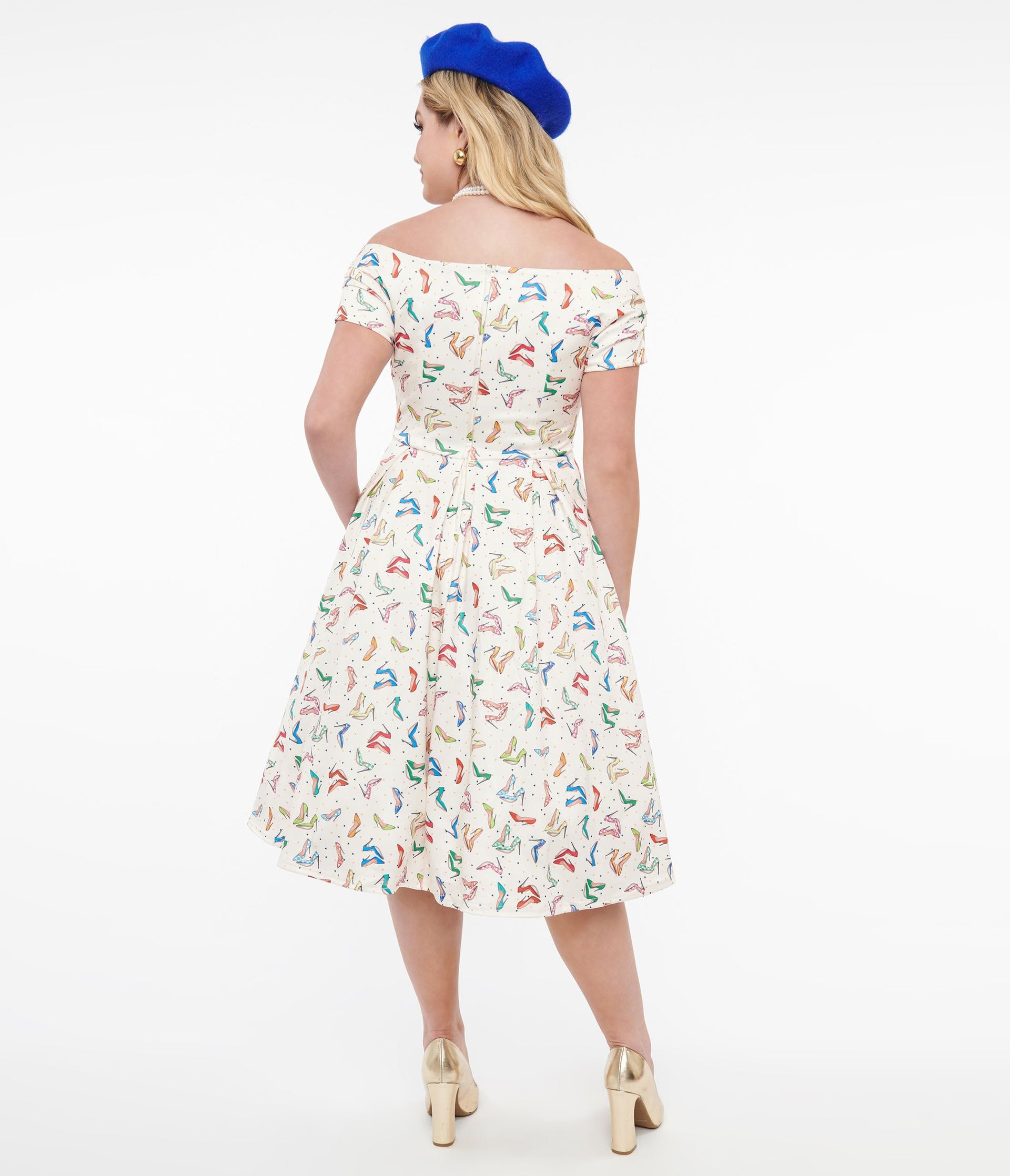 Dolly & Dotty 1950s Cream & Multicolor Heels Swing Dress - Unique Vintage - Womens, DRESSES, SWING