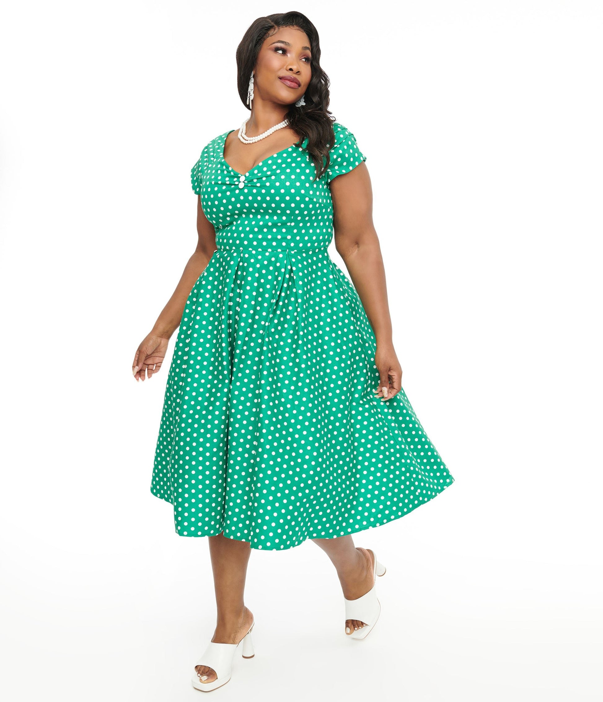 Dolly & Dotty 1950s Green & White Polka Dot Off The Shoulder Lily Swing Dress - Unique Vintage - Womens, DRESSES, SWING