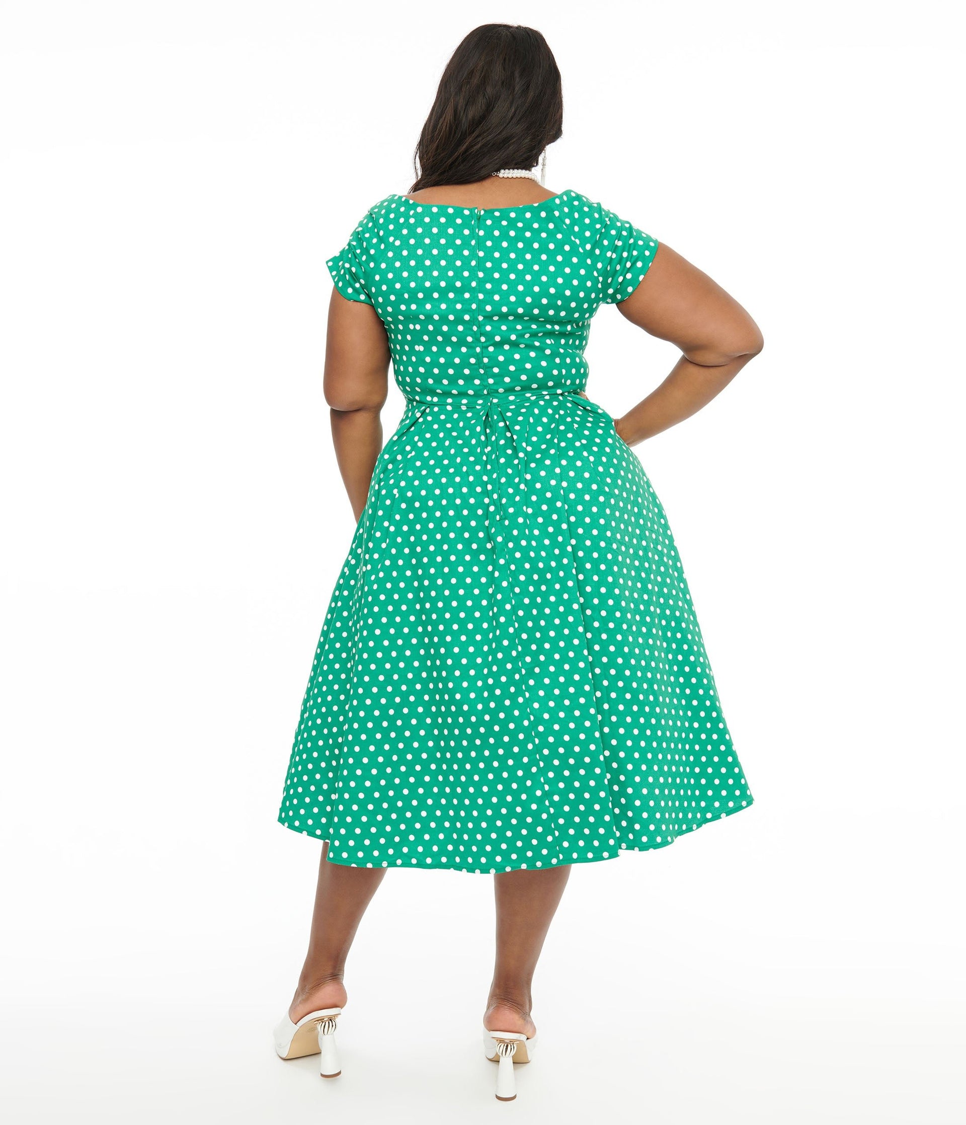 Dolly & Dotty 1950s Green & White Polka Dot Off The Shoulder Lily Swing Dress - Unique Vintage - Womens, DRESSES, SWING