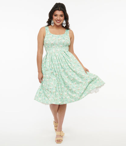 Dolly & Dotty 1950s Mint Green Duck Print Amanda Swing Dress - Unique Vintage - Womens, DRESSES, SWING