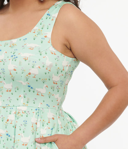 Dolly & Dotty 1950s Mint Green Duck Print Amanda Swing Dress - Unique Vintage - Womens, DRESSES, SWING