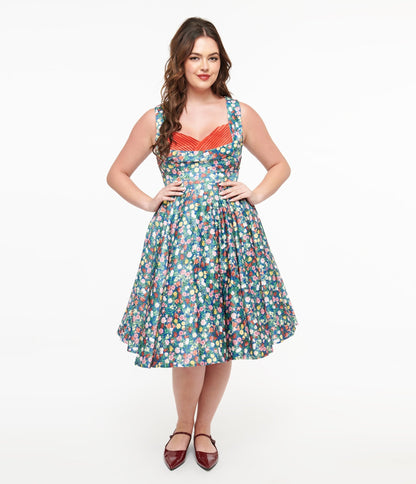 Dolly & Dotty 1950s Navy & Rose Print Grace Swing Dress - Unique Vintage - Womens, DRESSES, SWING