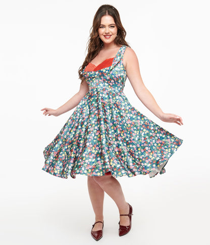 Dolly & Dotty 1950s Navy & Rose Print Grace Swing Dress - Unique Vintage - Womens, DRESSES, SWING