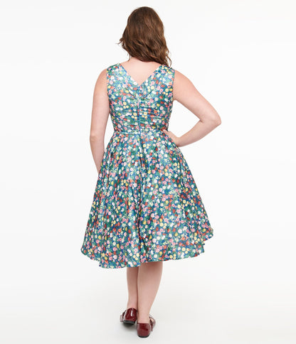 Dolly & Dotty 1950s Navy & Rose Print Grace Swing Dress - Unique Vintage - Womens, DRESSES, SWING