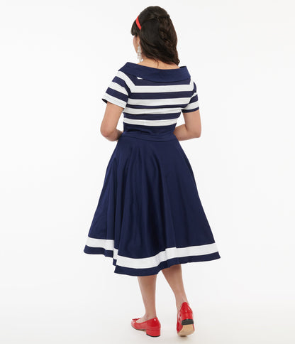 Dolly & Dotty 1950s Navy & White Striped Sailor Swing Dress - Unique Vintage - Womens, DRESSES, SWING