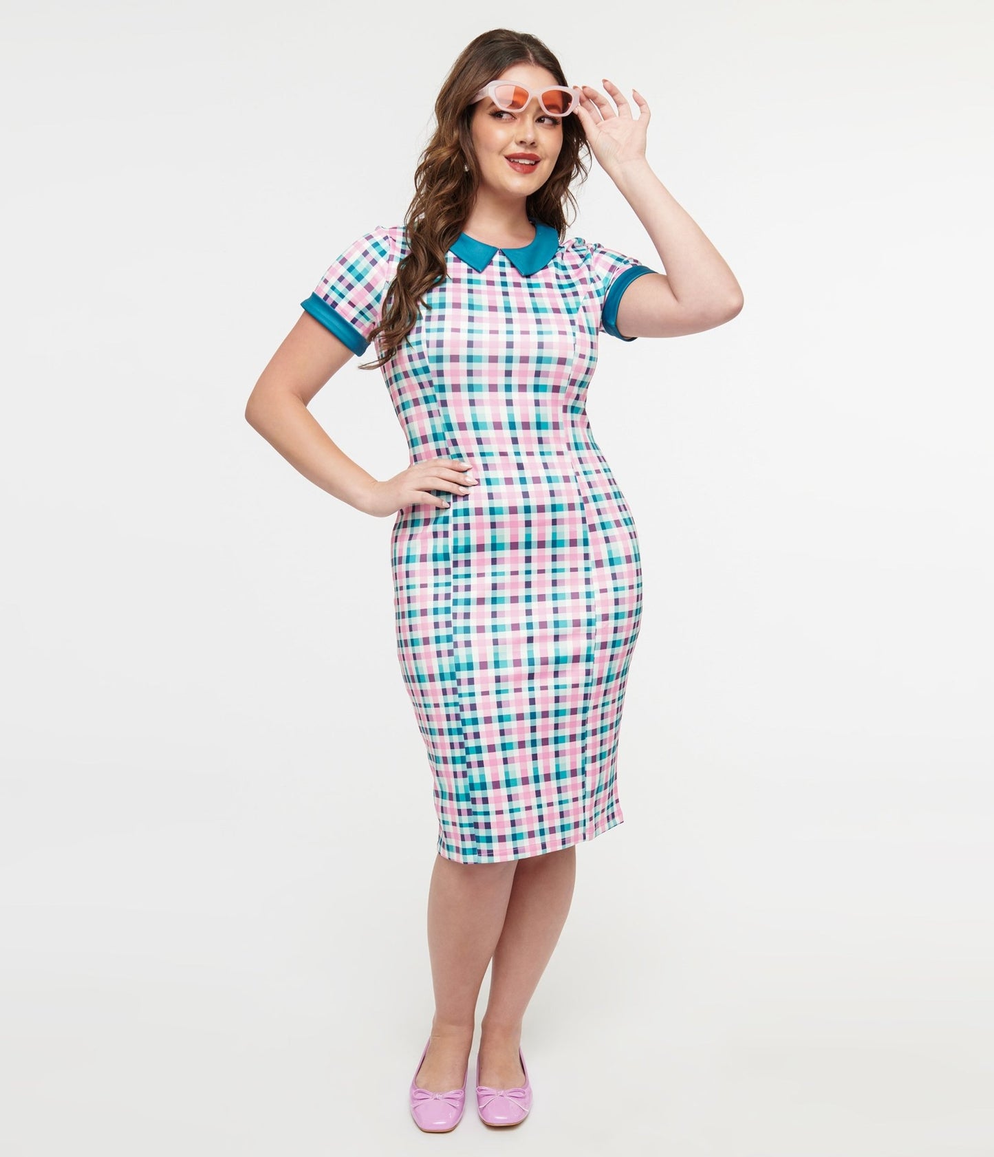 Dolly & Dotty 1950s Pink & Teal Plaid Toni Pencil Dress - Unique Vintage - Womens, DRESSES, WIGGLE