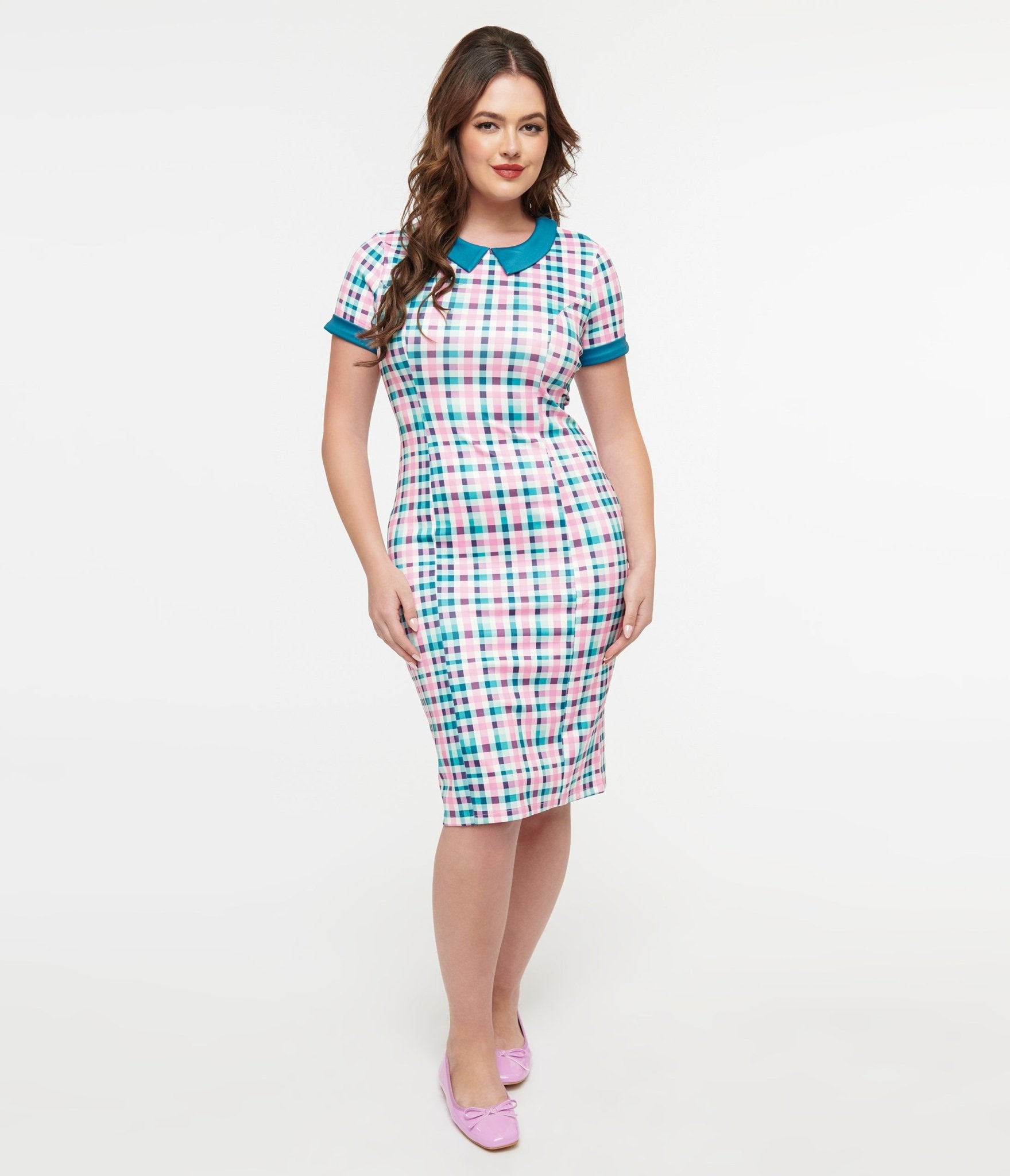 Dolly & Dotty 1950s Pink & Teal Plaid Toni Pencil Dress - Unique Vintage - Womens, DRESSES, WIGGLE