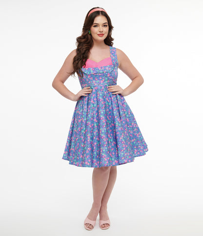 Dolly & Dotty 1950s Purple & Pink Flamingo Leaf Print Grace Swing Dress - Unique Vintage - Womens, DRESSES, SWING