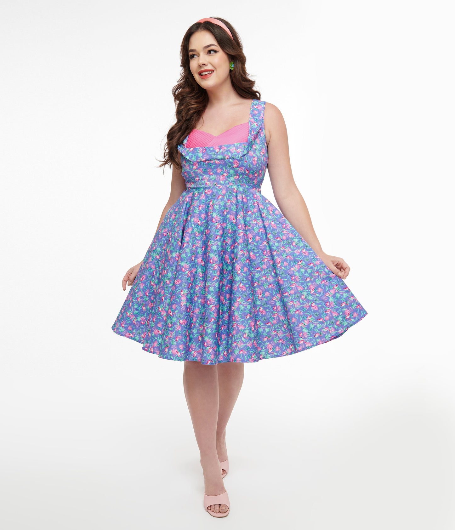 Dolly & Dotty 1950s Purple & Pink Flamingo Leaf Print Grace Swing Dress - Unique Vintage - Womens, DRESSES, SWING