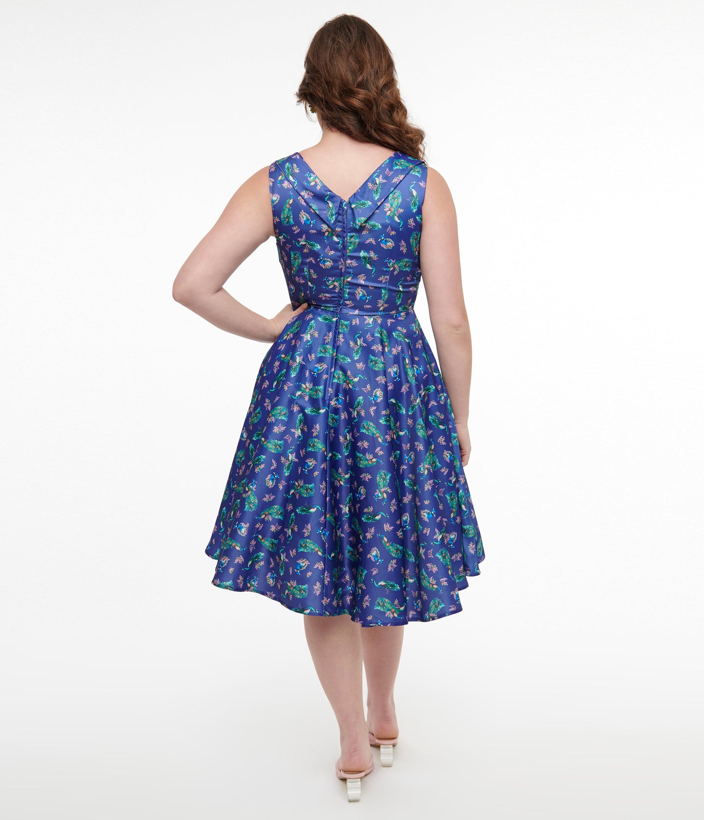 Dolly & Dotty 1950s Purple & Teal Peacock Print Grace Swing Dress - Unique Vintage - Womens, DRESSES, SWING