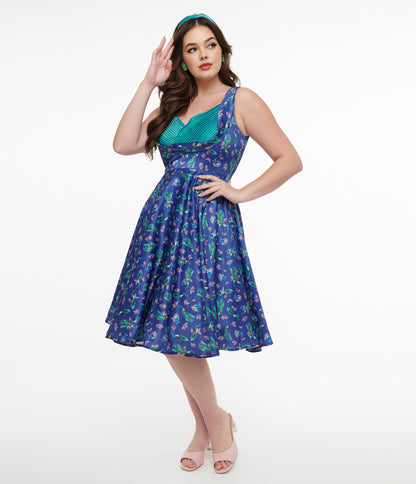 Dolly & Dotty 1950s Purple & Teal Peacock Print Grace Swing Dress - Unique Vintage - Womens, DRESSES, SWING