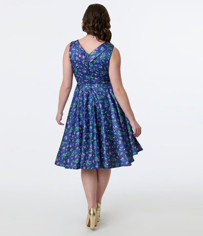 Dolly & Dotty 1950s Purple & Teal Peacock Print Grace Swing Dress - Unique Vintage - Womens, DRESSES, SWING