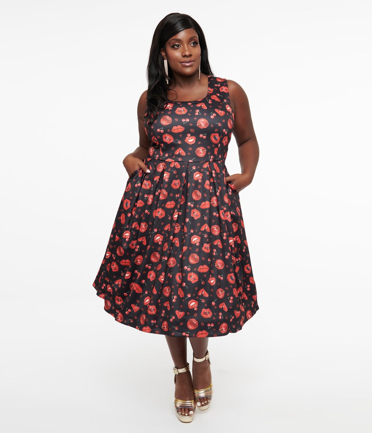 Dolly & Dotty 1950s Red Lip & Cherry Amanda Swing Dress - Unique Vintage - Womens, DRESSES, SWING