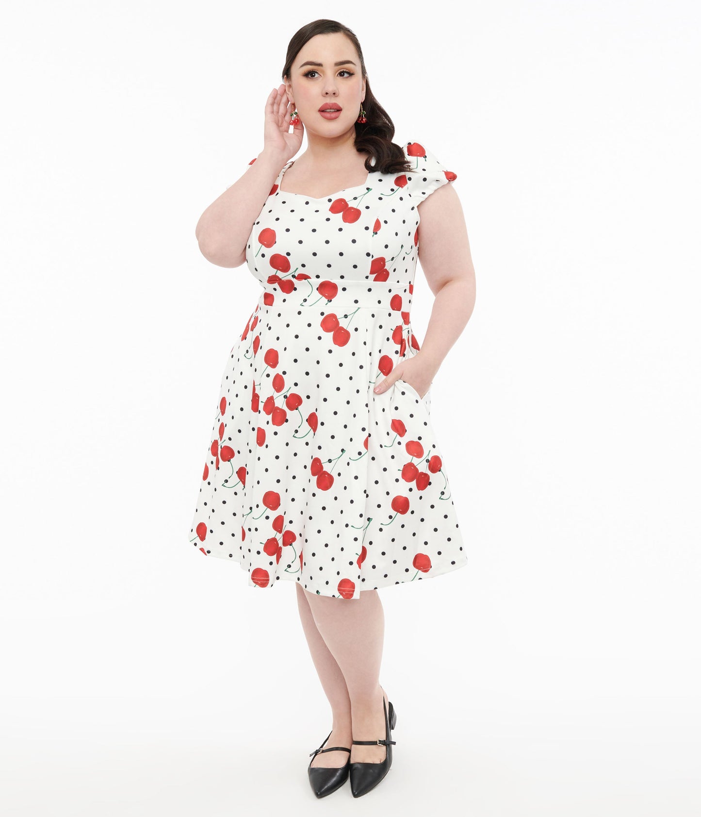 Dolly & Dotty 1950s White Polka Dot Cherry Swing Dress - Unique Vintage - Womens, DRESSES, SWING