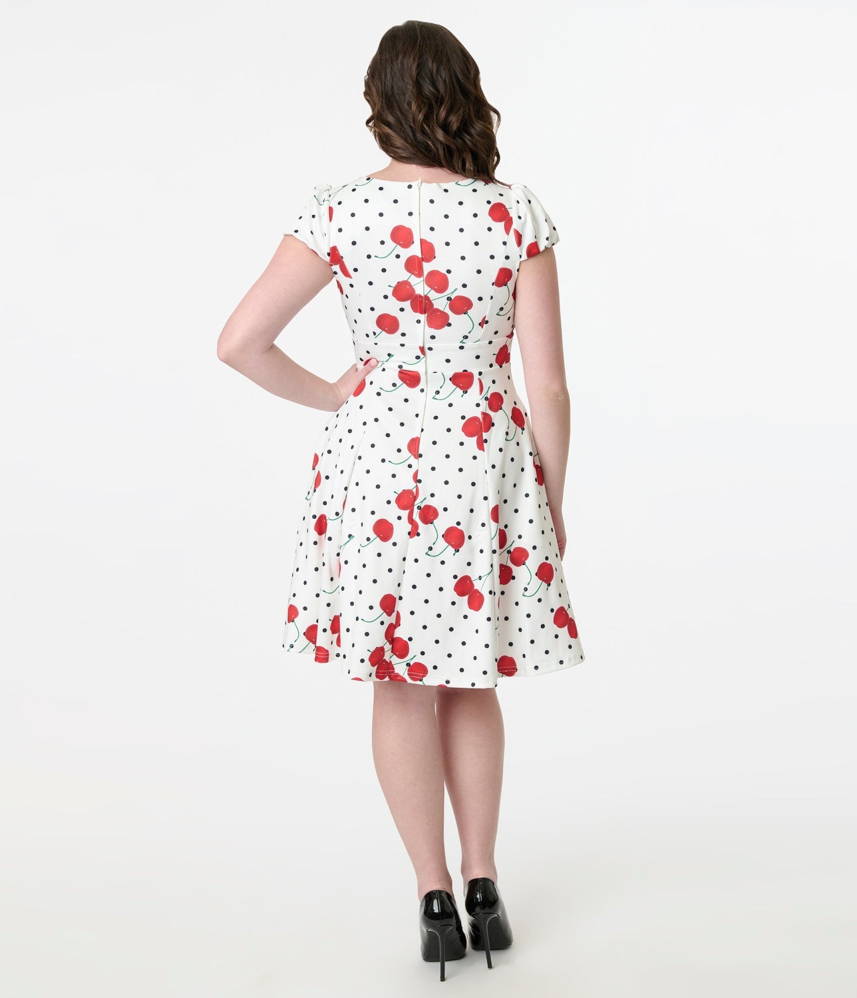 Dolly & Dotty 1950s White Polka Dot Cherry Swing Dress - Unique Vintage - Womens, DRESSES, SWING