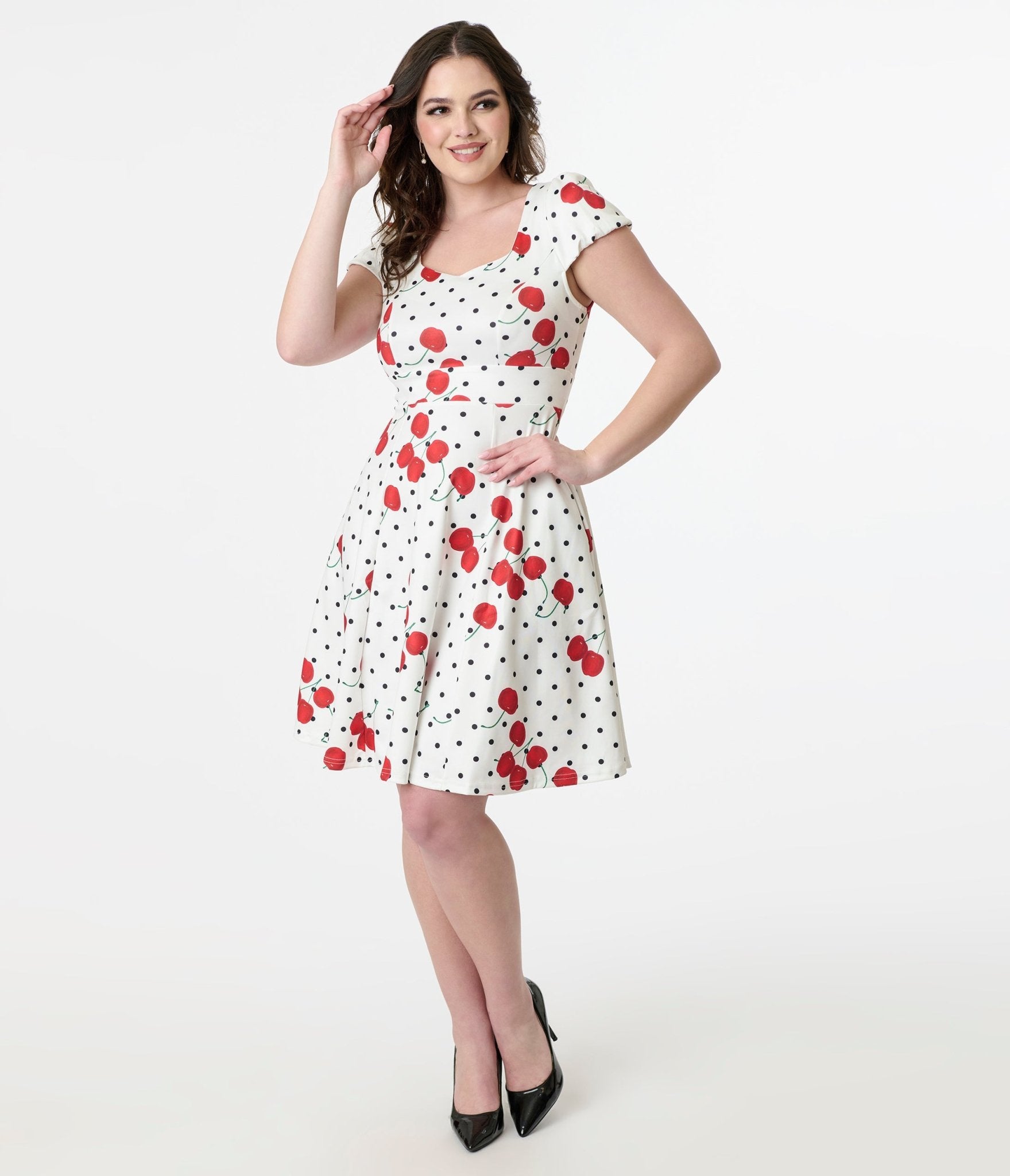 Dolly & Dotty 1950s White Polka Dot Cherry Swing Dress - Unique Vintage - Womens, DRESSES, SWING