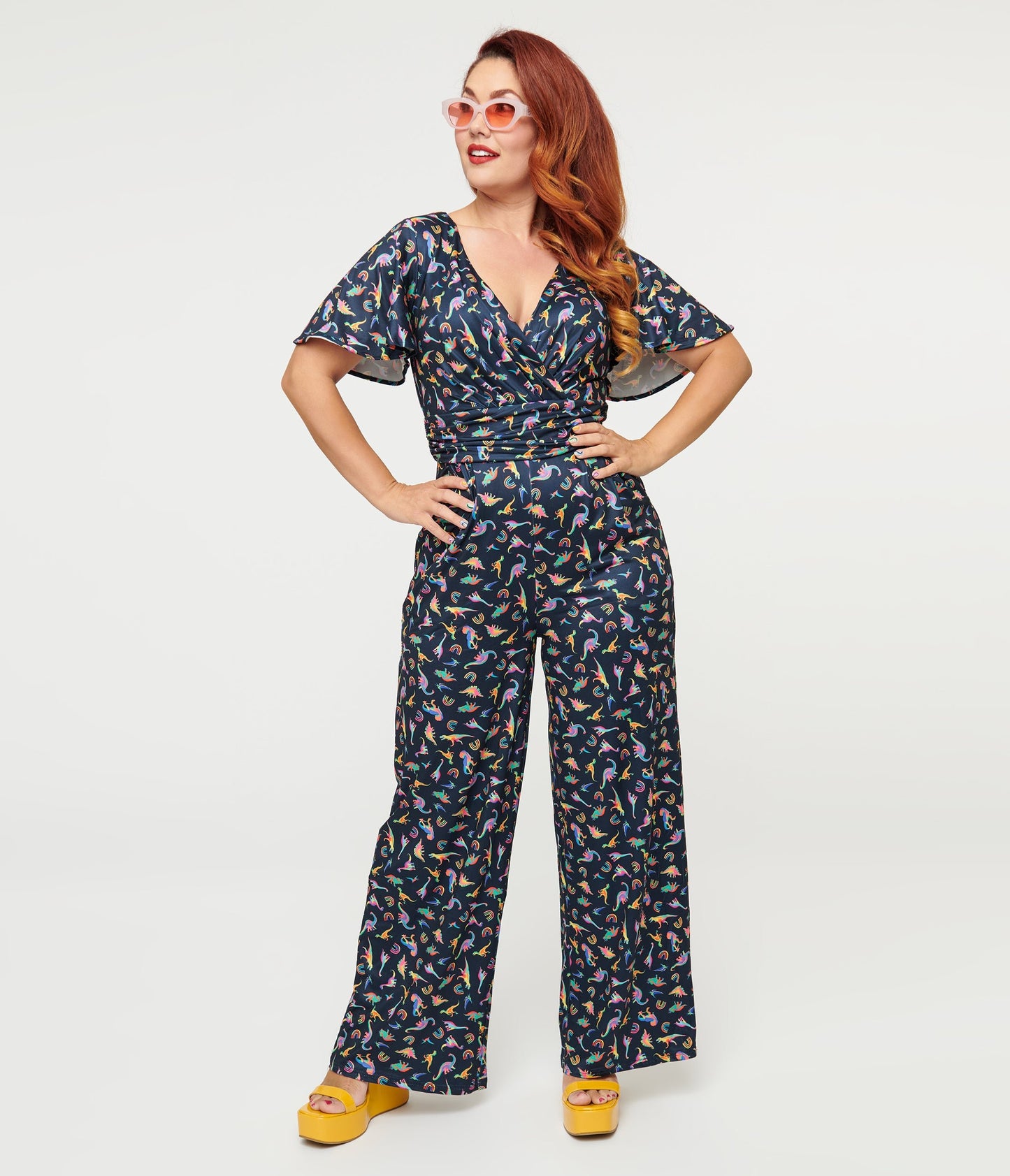 Dolly & Dotty Black Dinosaur & Rainbow Print Charlotte Jumpsuit - Unique Vintage - Womens, BOTTOMS, ROMPERS AND JUMPSUITS