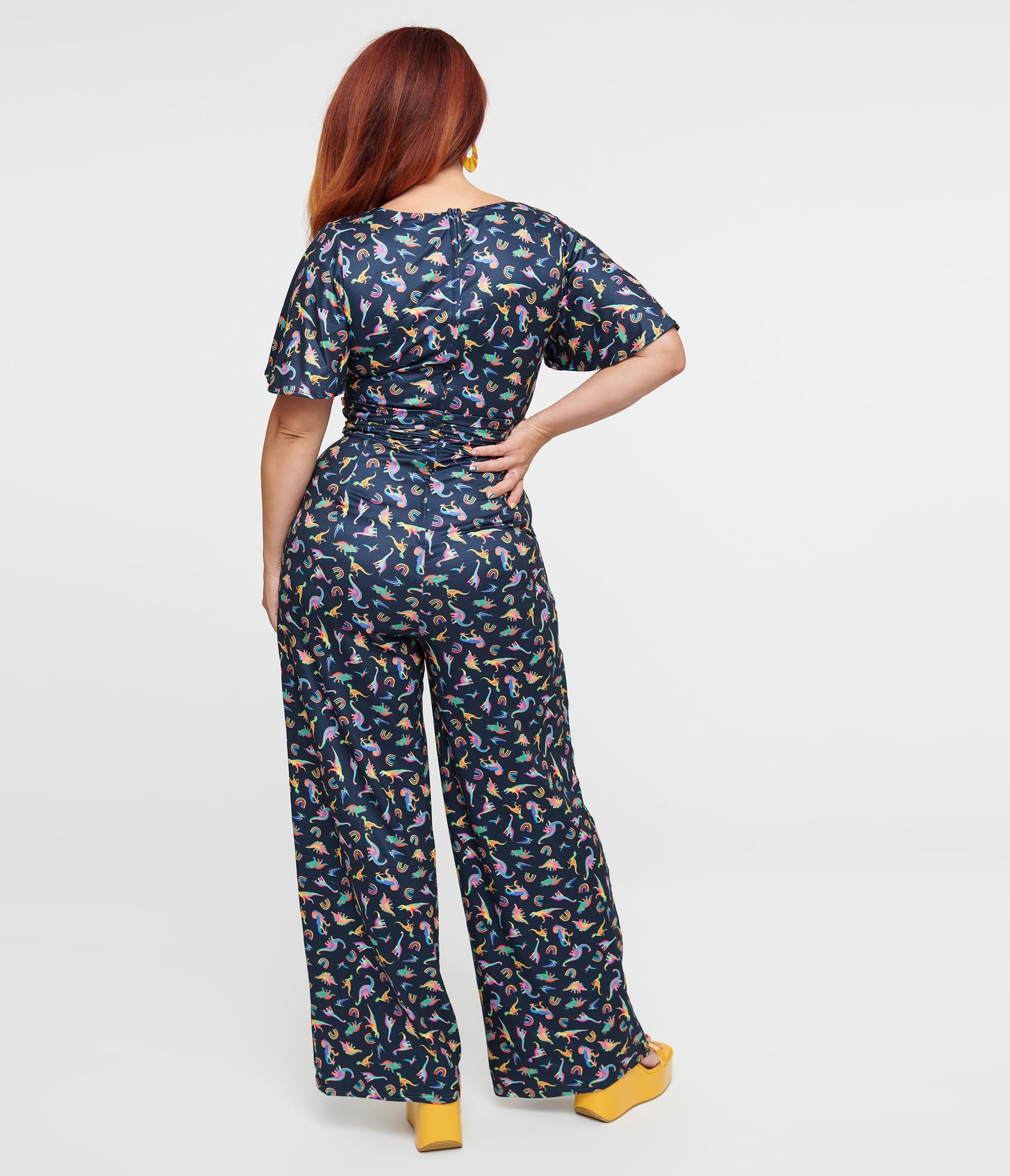 Dolly & Dotty Black Dinosaur & Rainbow Print Charlotte Jumpsuit - Unique Vintage - Womens, BOTTOMS, ROMPERS AND JUMPSUITS