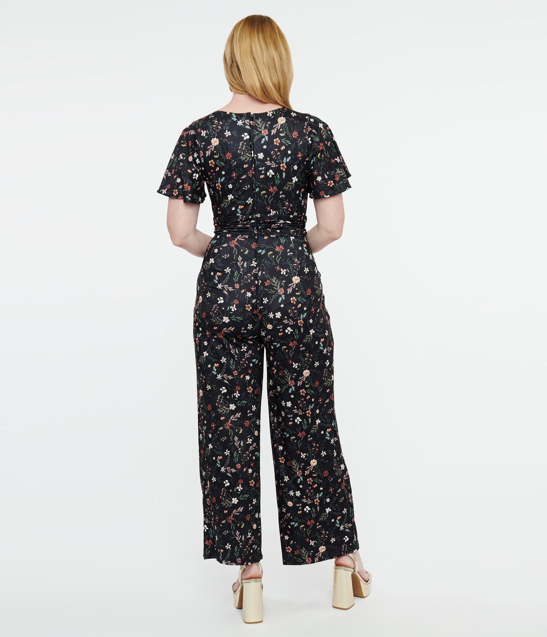 Dolly & Dotty Black Floral Meadow Butterfly Sleeve Jumpsuit - Unique Vintage - Womens, BOTTOMS, ROMPERS AND JUMPSUITS