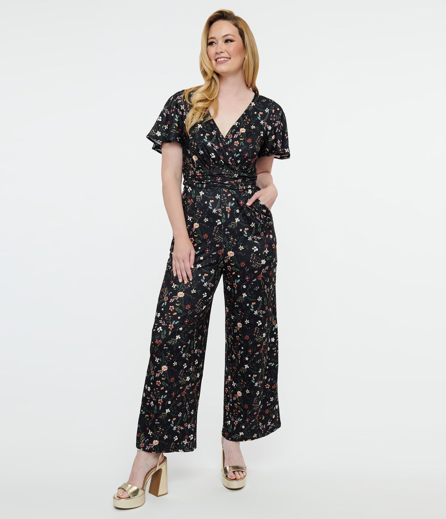 Dolly & Dotty Black Floral Meadow Butterfly Sleeve Jumpsuit - Unique Vintage - Womens, BOTTOMS, ROMPERS AND JUMPSUITS