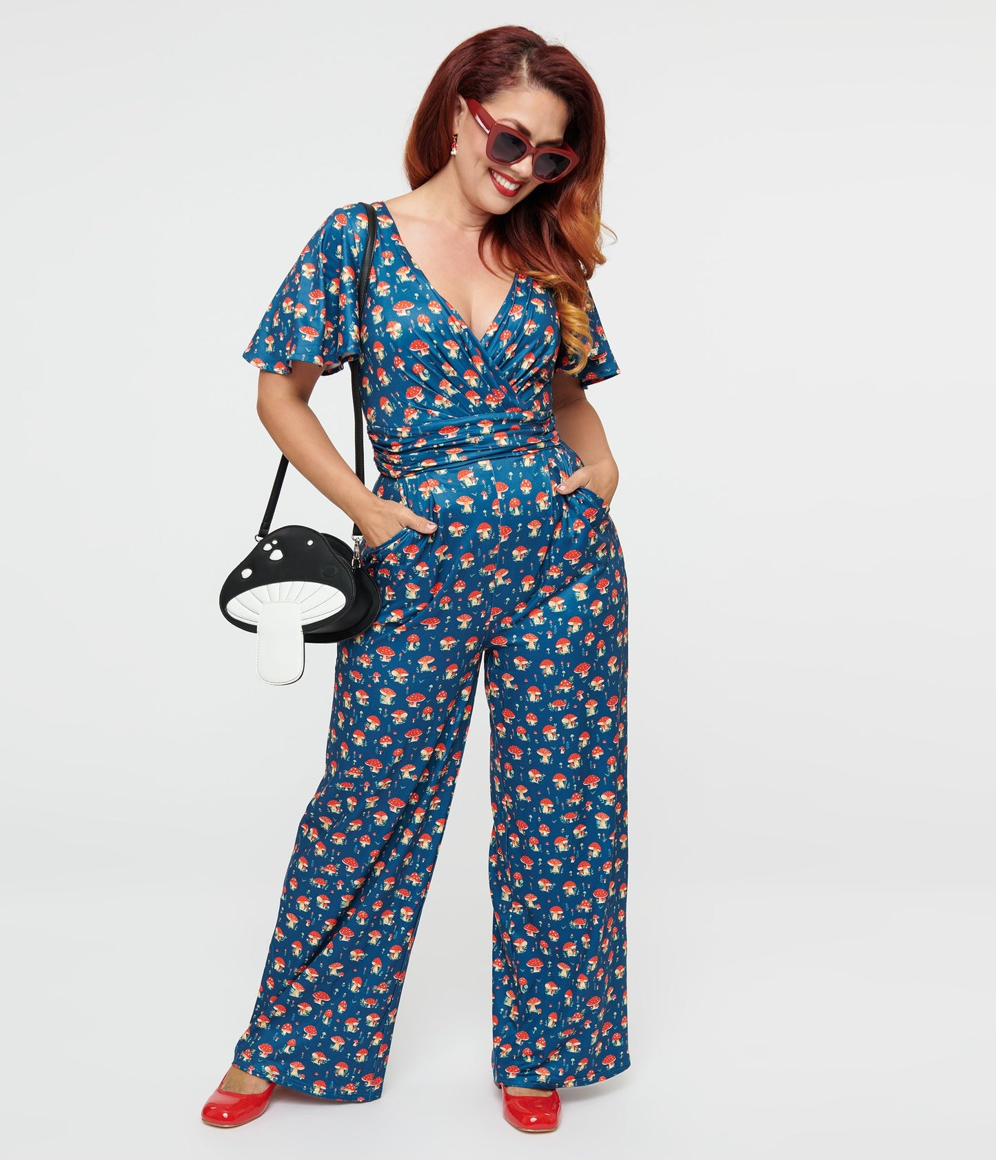 Dolly & Dotty Blue Mushroom Print Charlotte Jumpsuit - Unique Vintage - Womens, BOTTOMS, ROMPERS AND JUMPSUITS