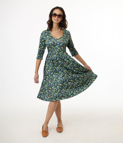 Dolly & Dotty Green Dinosaur Print Billie Fit & Flare Dress - Unique Vintage - Womens, DRESSES, SWING