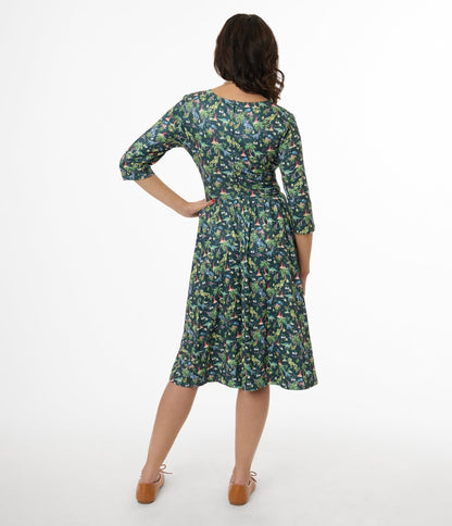 Dolly & Dotty Green Dinosaur Print Billie Fit & Flare Dress - Unique Vintage - Womens, DRESSES, SWING