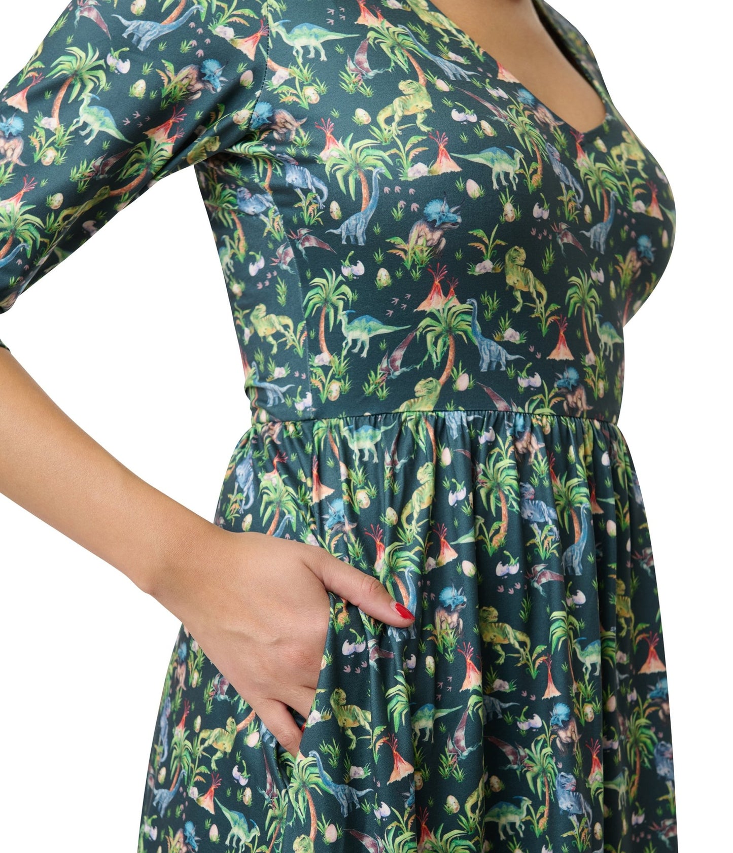 Dolly & Dotty Green Dinosaur Print Billie Fit & Flare Dress - Unique Vintage - Womens, DRESSES, SWING