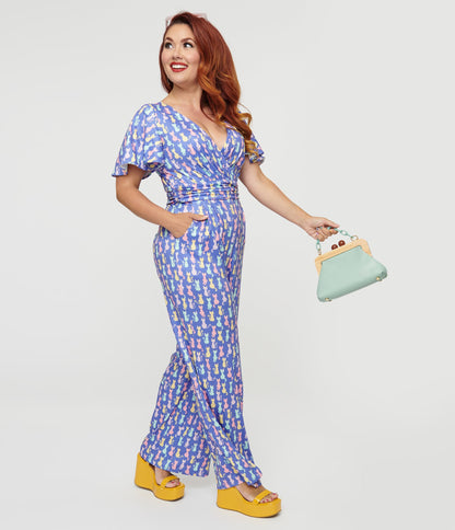 Dolly & Dotty Purple Cats Print Charlotte Jumpsuit - Unique Vintage - Womens, BOTTOMS, ROMPERS AND JUMPSUITS