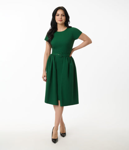 Emerald Green & Polka Dot Skirt Wrap Pencil Dress - Unique Vintage - Womens, DRESSES, WIGGLE