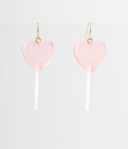 Glittery Pink Heart Lollipop Earrings - Unique Vintage - Womens, ACCESSORIES, JEWELRY