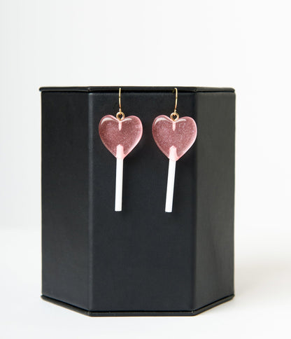 Glittery Pink Heart Lollipop Earrings - Unique Vintage - Womens, ACCESSORIES, JEWELRY