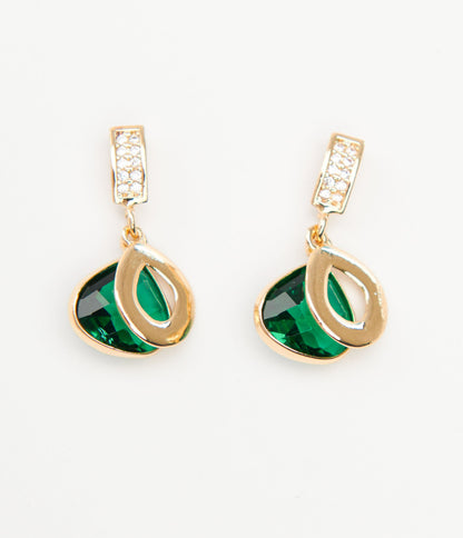 Gold & Emerald Green Rhinestone Drop Earrings - Unique Vintage - Womens, ACCESSORIES, JEWELRY