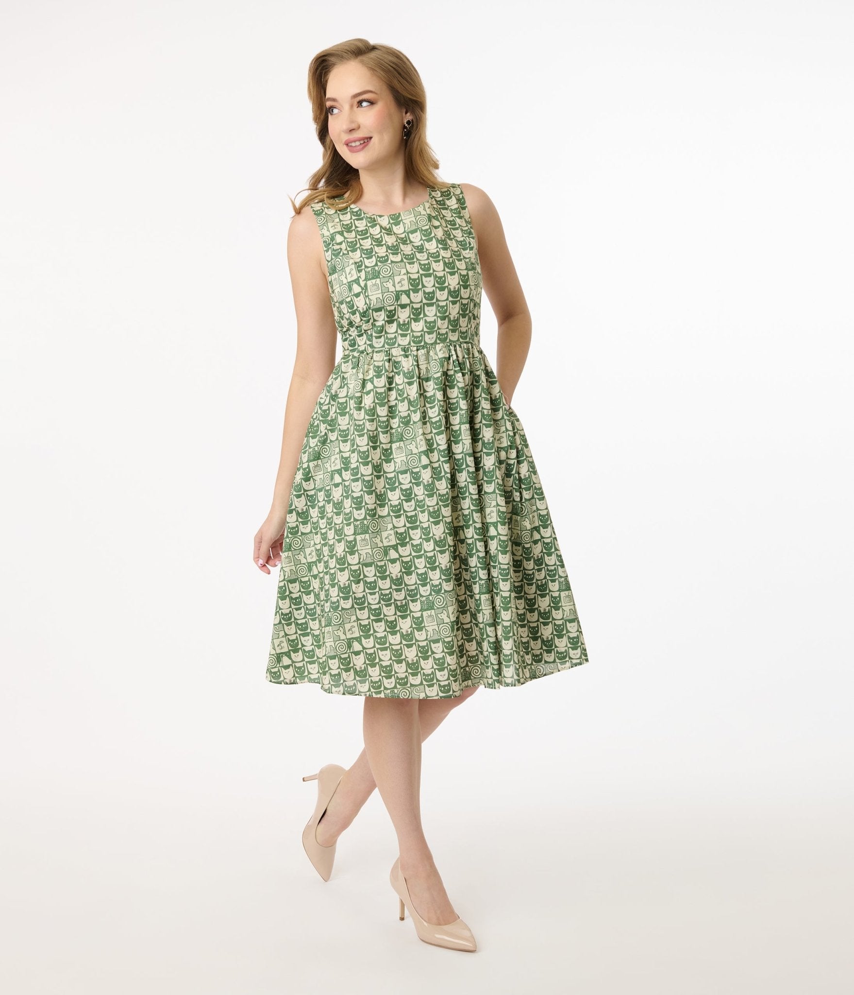 Green Cat Stamp Check Cotton Swing Dress - Unique Vintage - Womens, DRESSES, SWING