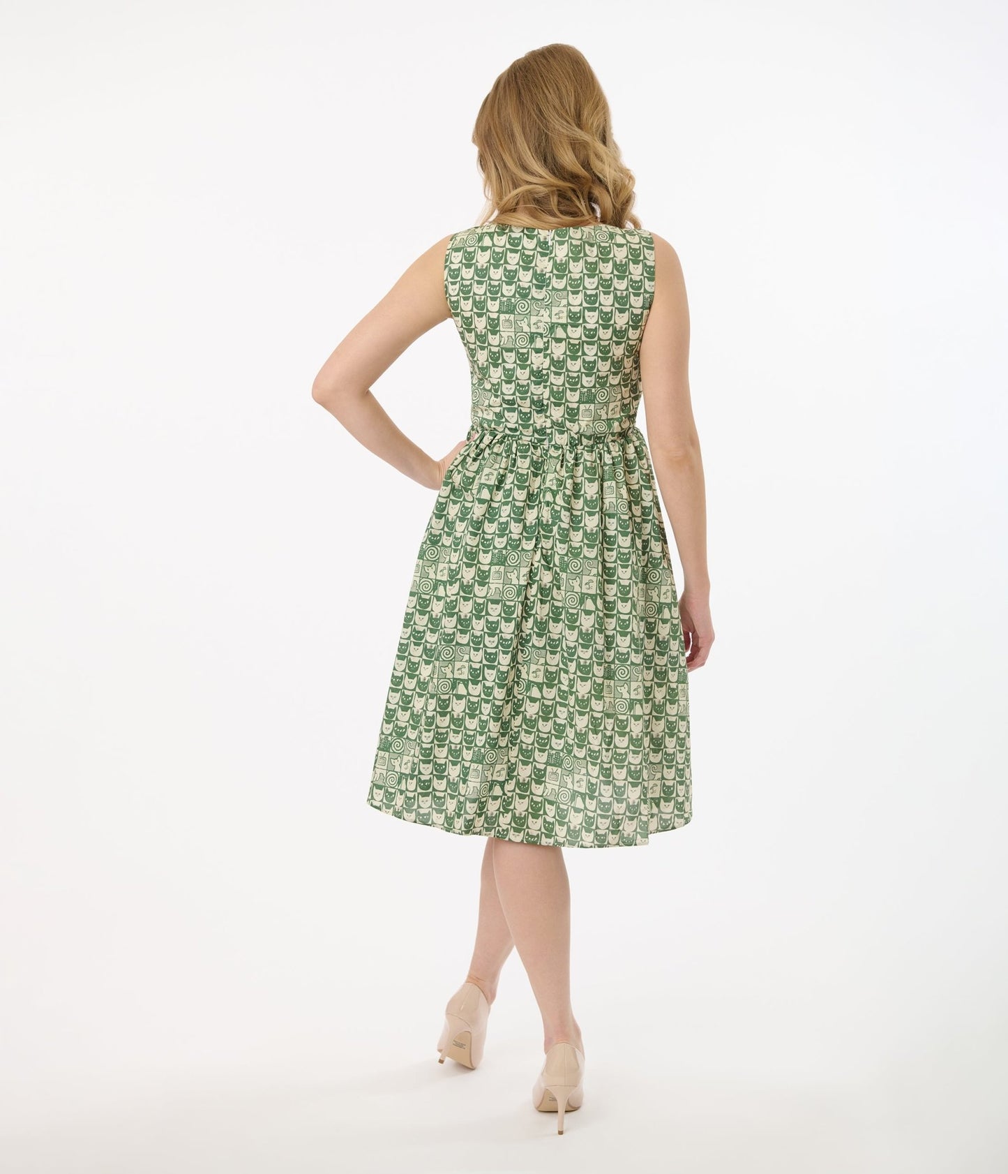 Green Cat Stamp Check Cotton Swing Dress - Unique Vintage - Womens, DRESSES, SWING