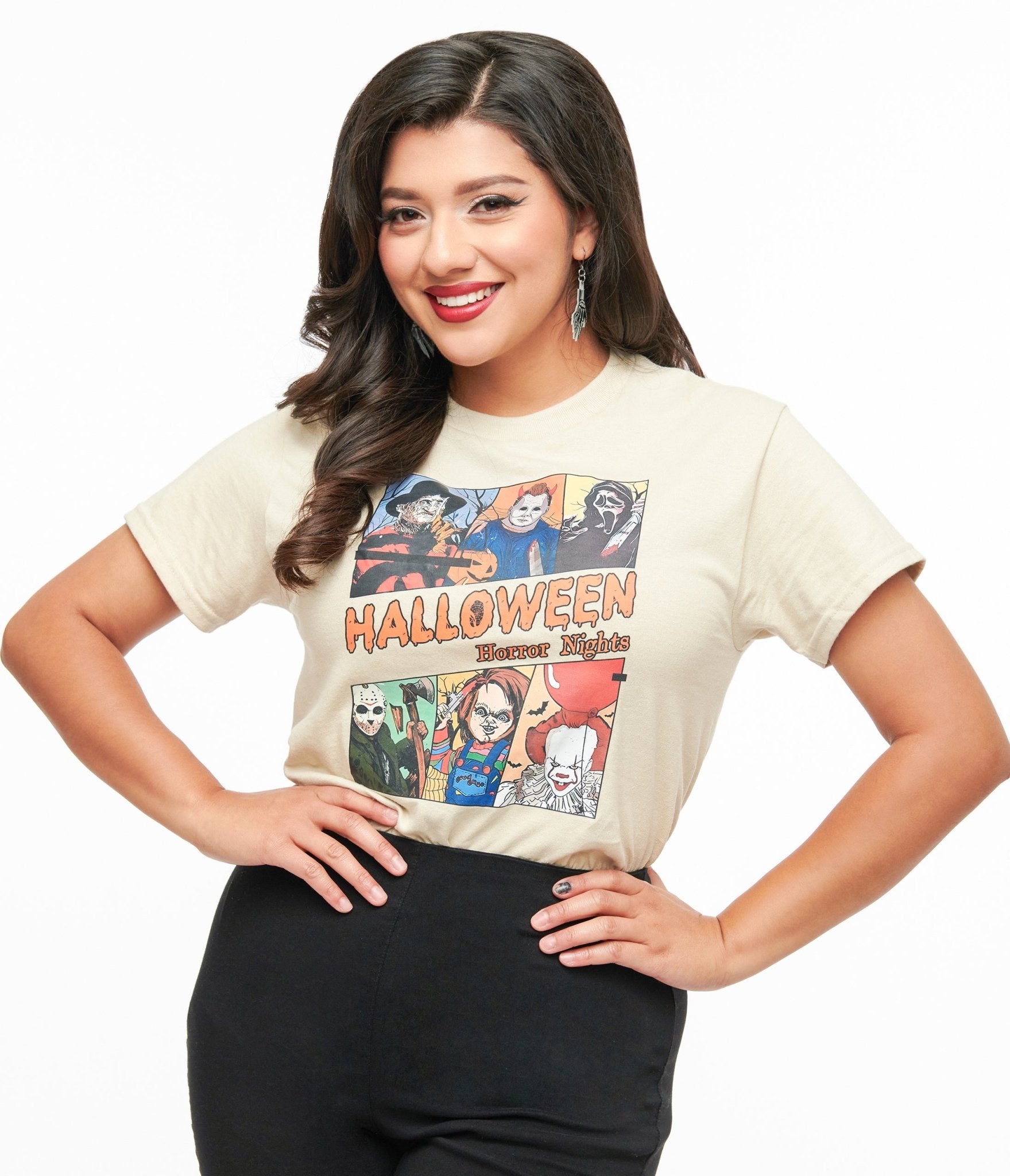 Halloween Horror Characters Graphic Tee - Unique Vintage - Womens, TOPS, SHIRTS