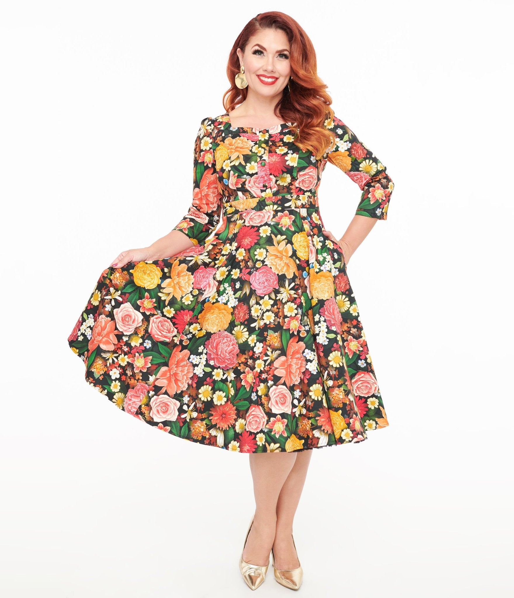 Hearts & Roses Black Floral Cassidy Swing Dress - Unique Vintage - Womens, DRESSES, SWING