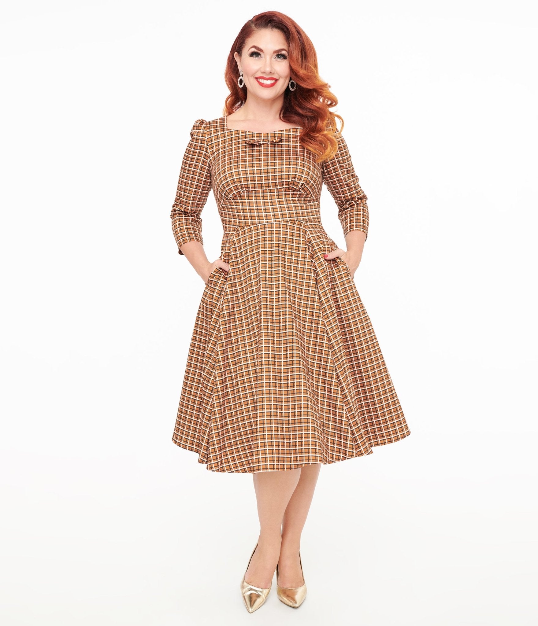 Hearts & Roses Brown Check Daniella Swing Dress - Unique Vintage - Womens, DRESSES, SWING