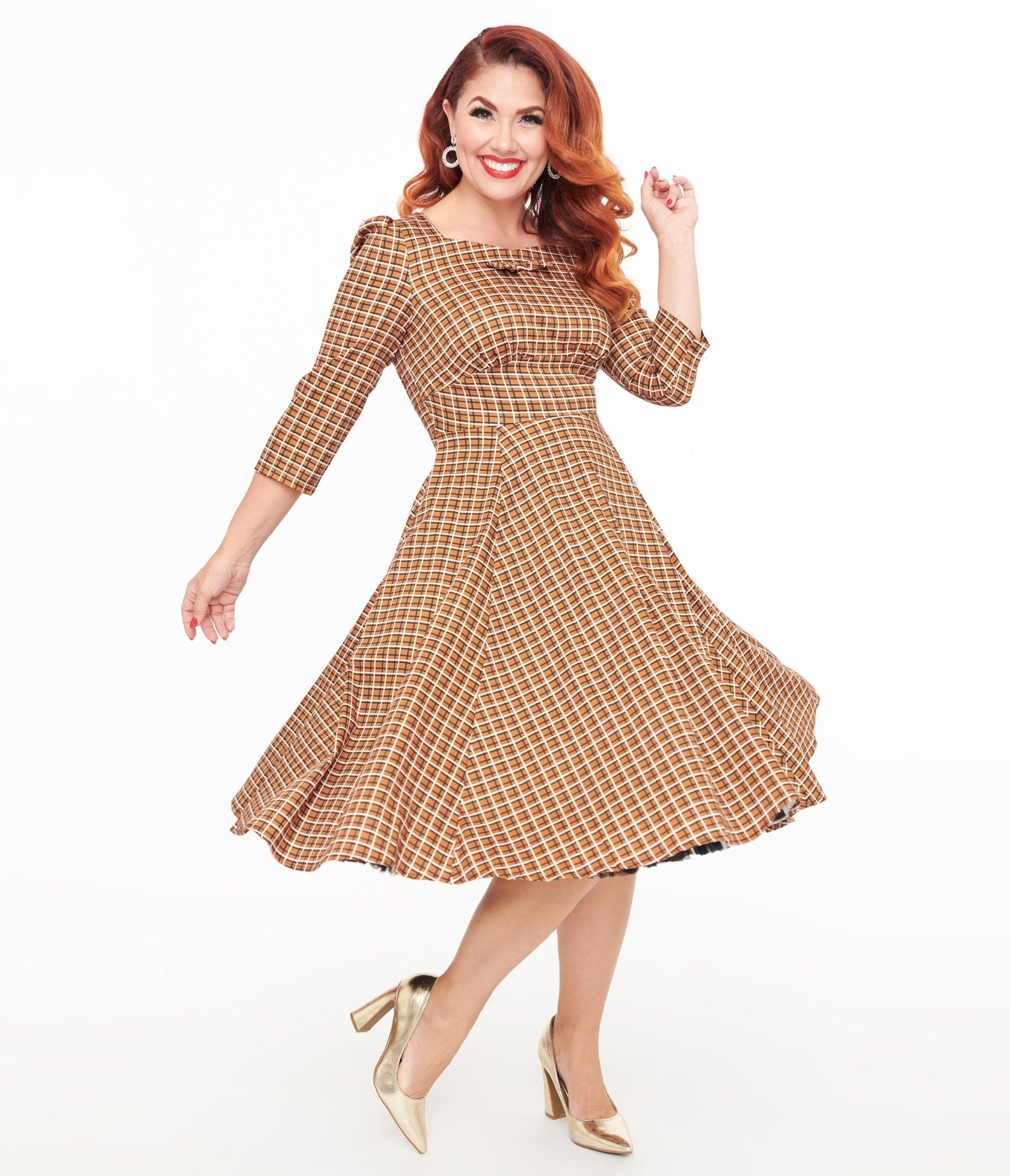 Hearts & Roses Brown Check Daniella Swing Dress - Unique Vintage - Womens, DRESSES, SWING