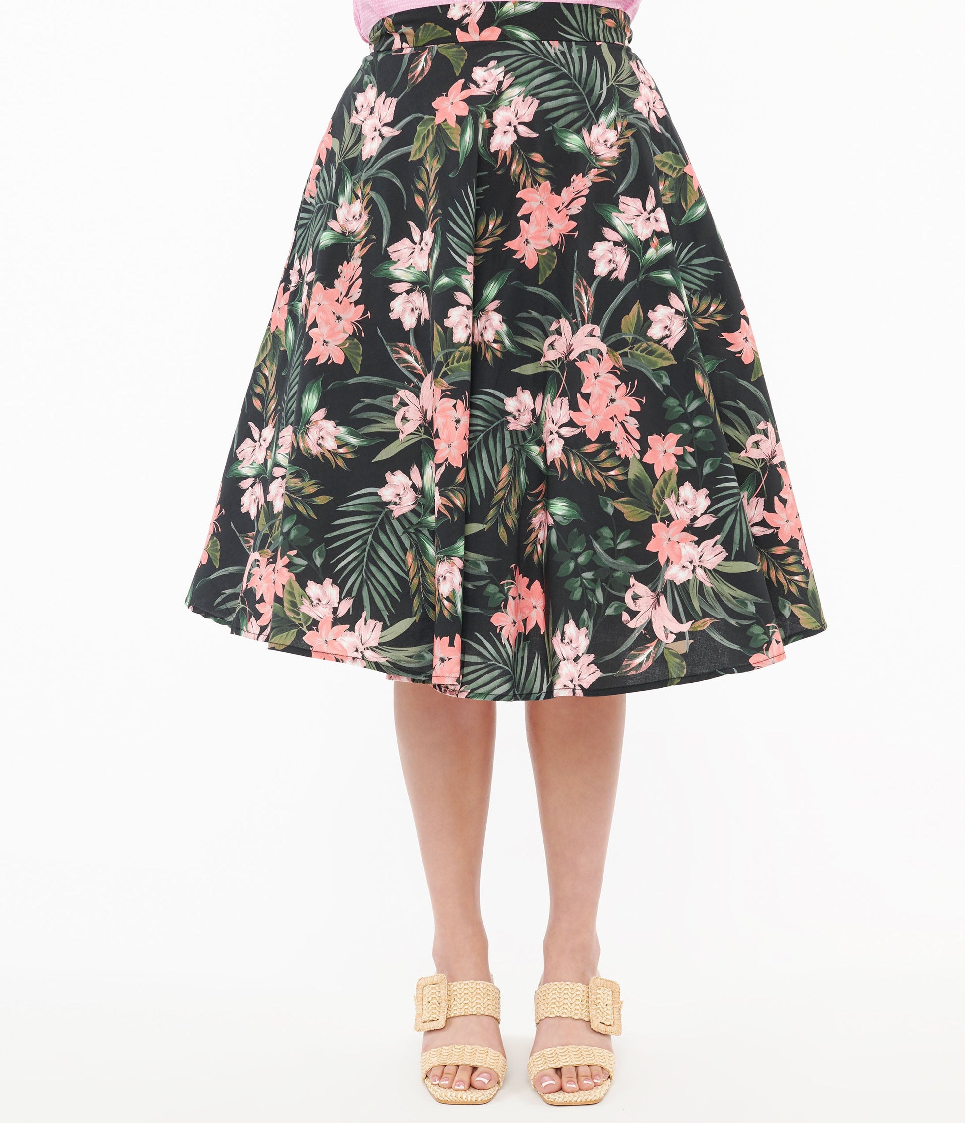 Hell Bunny 1950s Black & Pink Tropical Floral Print Cotton Calypso Swing Skirt - Unique Vintage - Womens, BOTTOMS, SKIRTS