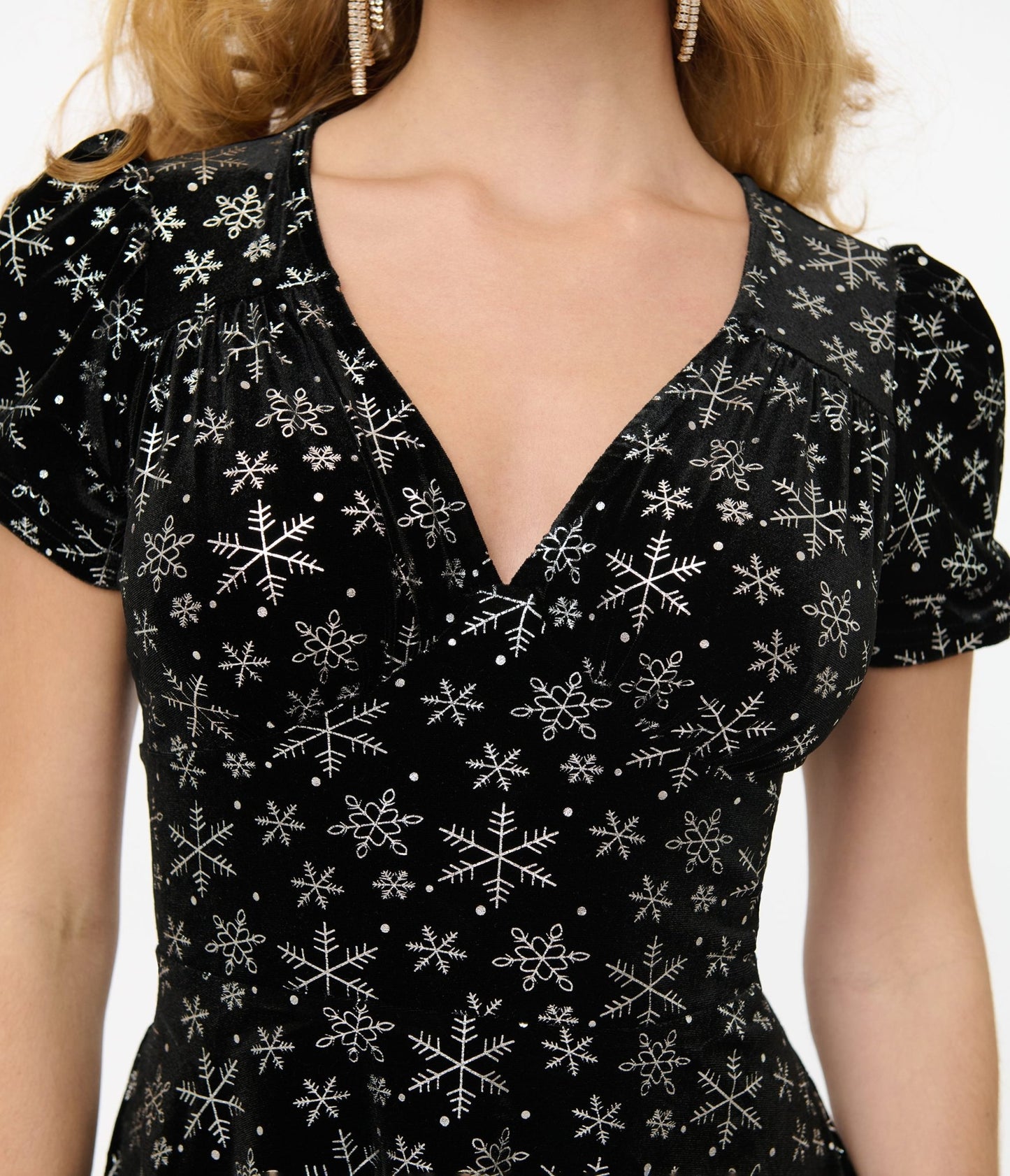 Hell Bunny 1950s Black & Silver Metallic Snowflake Velvet Fit & Flare Dress - Unique Vintage - Womens, DRESSES, SWING