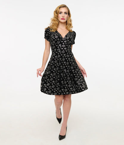 Hell Bunny 1950s Black & Silver Metallic Snowflake Velvet Fit & Flare Dress - Unique Vintage - Womens, DRESSES, SWING