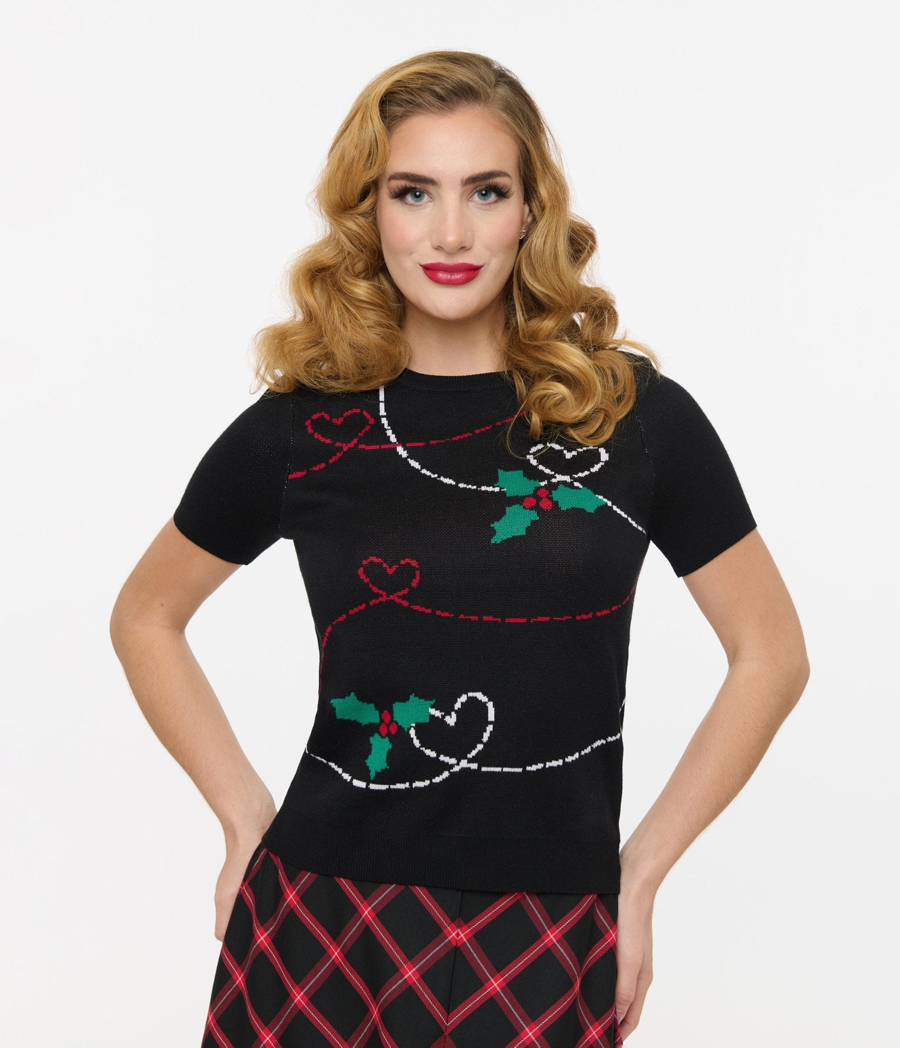 Hell Bunny 1950s Festive Hearts & Holly Print Angelica Knit Top - Unique Vintage - Womens, TOPS, KNIT TOPS