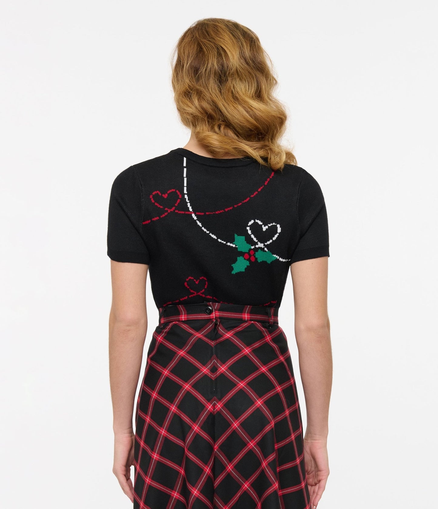 Hell Bunny 1950s Festive Hearts & Holly Print Angelica Knit Top - Unique Vintage - Womens, TOPS, KNIT TOPS