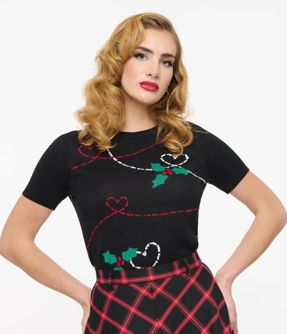 Hell Bunny 1950s Festive Hearts & Holly Print Angelica Knit Top - Unique Vintage - Womens, TOPS, KNIT TOPS