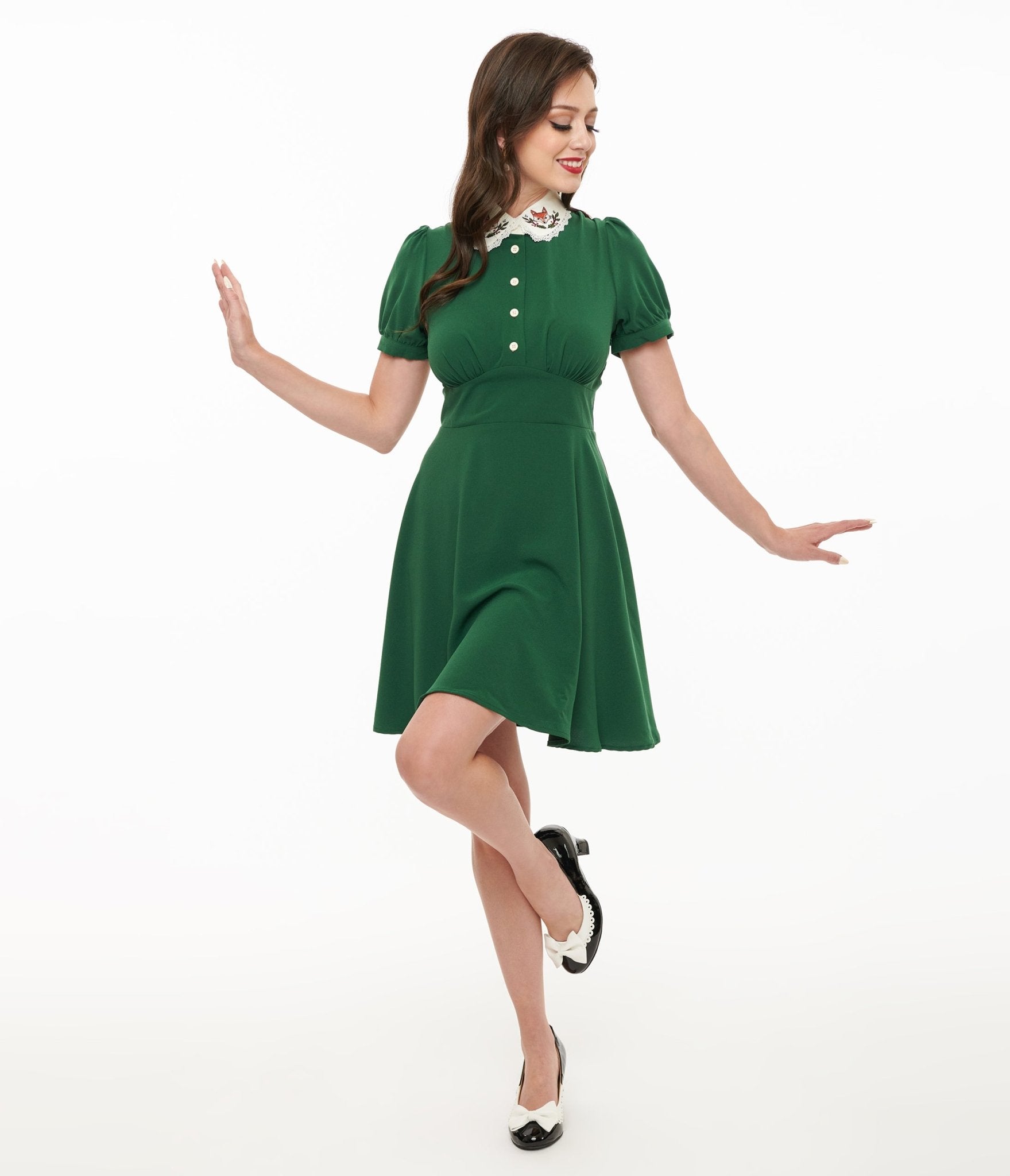 Hell Bunny 1950s Green Basil Fox Mini Dress - Unique Vintage - Womens, DRESSES, FIT AND FLARE